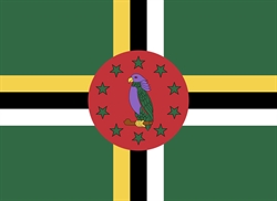 [ai] Flag of Dominica featuring a green background with a red circle in the center. Inside the circle is a purple parrot, surrounded by ten green stars. Horizontal black and yellow cross patterns extend across the flag.